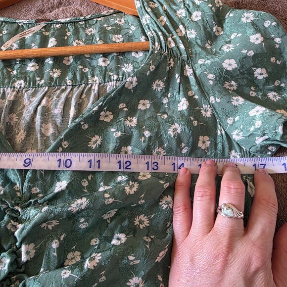 Free People Bond Street Mini Dress Green Floral Ruched Puff Sleeve Size 4 - Picture 15 of 16